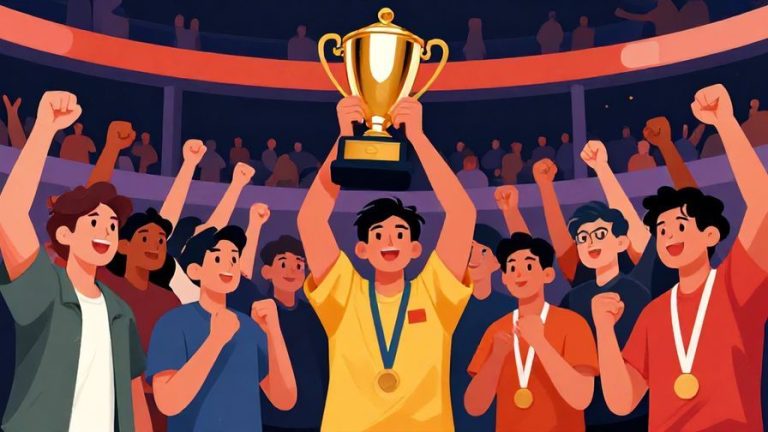 Illustration%20of%20a%20single%20winner%20holding%20a%20big%20trophy%20with%20others%20watching%20in%20a%20sports%20arena%2C%20crowd%20cheering%2C%20vibrant%20colors%2C%20illustrated%20style