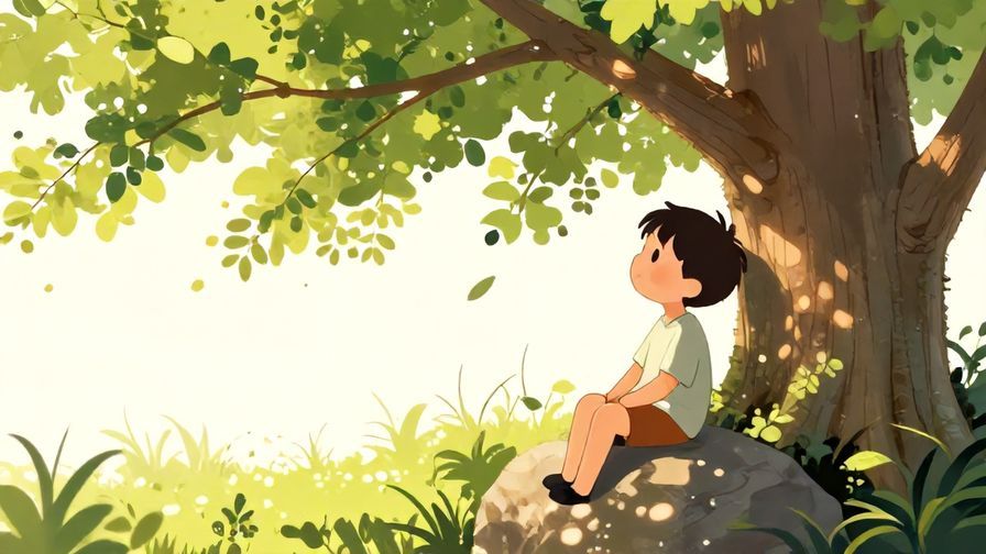 Illustration%20of%20a%20small%20figure%20sitting%20patiently%20on%20a%20rock%20under%20a%20tree%2C%20sunlight%20filtering%20through%20leaves%2C%20peaceful%20expression%2C%20detailed%20background%2C%20vibrant%20colors%2C%20illustrated%20style