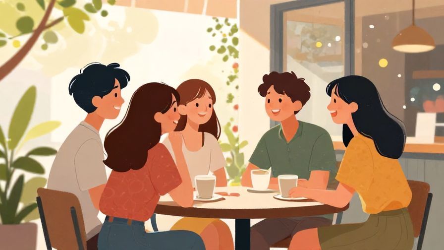 Illustration%20of%20a%20small%20group%20of%20friends%20laughing%20and%20chatting%20outside%20a%20cafe%2C%20with%20gentle%20sunlight%20and%20soft%20floral%20background%2C%20bright%20colors%2C%20illustrated%20style