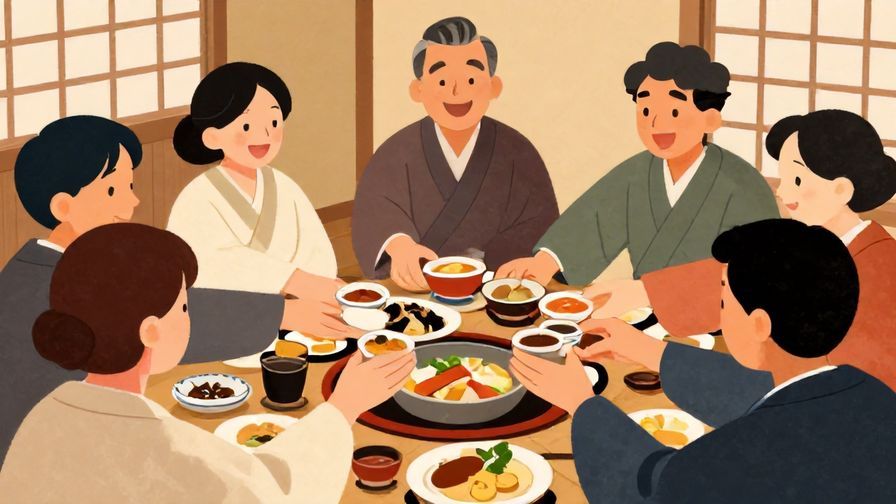 Illustration%20of%20a%20smiling%20group%20putting%20their%20hands%20together%20before%20a%20meal%2C%20traditional%20Japanese%20dining%20setting%2C%20warm%20colors%2C%20illustrated%20style
