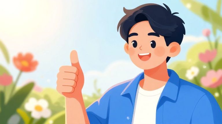 Illustration%20of%20a%20smiling%20person%20giving%20a%20thumbs-up%20with%20soft%20sunlight%20and%20flowers%20in%20the%20background%2C%20bright%20and%20vibrant%20colors%2C%20illustrated%20style