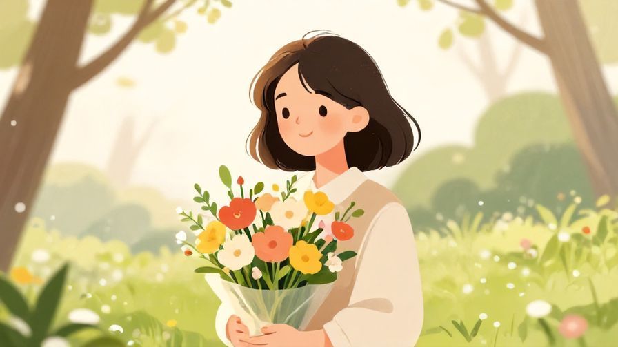 Illustration%20of%20a%20smiling%20person%20holding%20a%20flower%20bouquet%2C%20soft%20lighting%2C%20spring%20garden%20background%2C%20illustrated%20style
