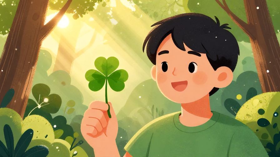 Illustration%20of%20a%20smiling%20person%20holding%20a%20four-leaf%20clover%20with%20sunlight%20shining%20through%20trees%2C%20detailed%20background%2C%20vibrant%20colors%2C%20illustrated%20style