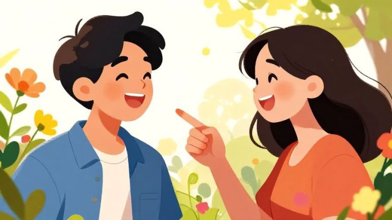 Illustration%20of%20a%20smiling%20person%20pointing%20at%20a%20friend%2C%20both%20laughing%20with%20bright%20sunlight%20and%20flowers%20in%20the%20background%2C%20vibrant%20colors%2C%20illustrated%20style