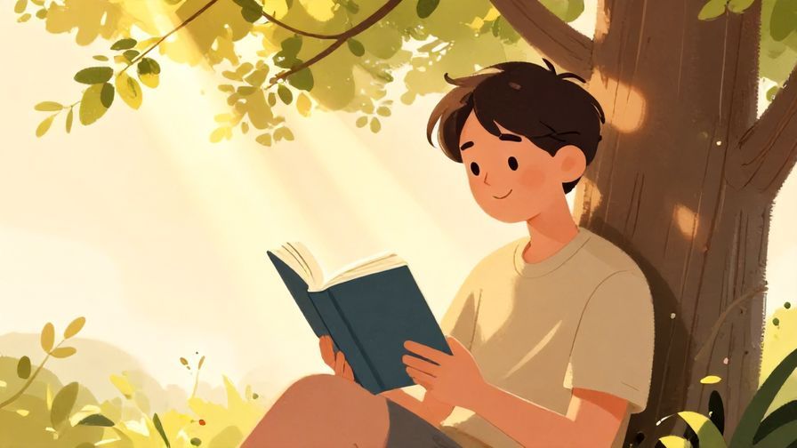 Illustration%20of%20a%20smiling%20person%20reading%20a%20book%20under%20a%20tree%2C%20with%20sunbeams%20filtering%20through%20leaves%2C%20warm%20and%20inviting%20scene%2C%20illustrated%20style