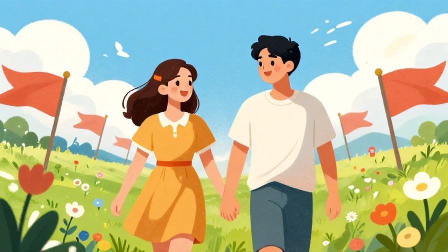 Illustration%20of%20a%20smiling%20young%20couple%20holding%20hands%20amidst%20a%20battlefield%20with%20flags%20waving%20and%20flowers%20growing%20around.%20Bright%20colors%2C%20illustrated%20style