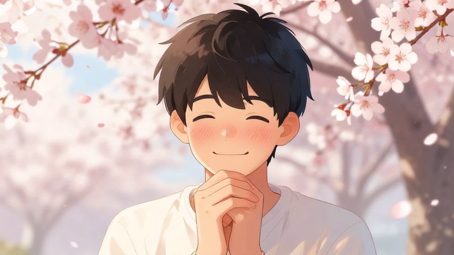 Illustration%20of%20a%20smiling%20young%20person%20with%20a%20slightly%20blushing%20face%2C%20hands%20clasped%20nervously%2C%20vibrant%20background%20of%20cherry%20blossoms%20and%20soft%20light