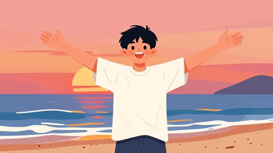 Illustration%20of%20a%20smiling%20young%20person%20with%20arms%20spread%20open%20at%20a%20beach%20during%20sunset%2C%20vibrant%20colors%2C%20illustrated%20style