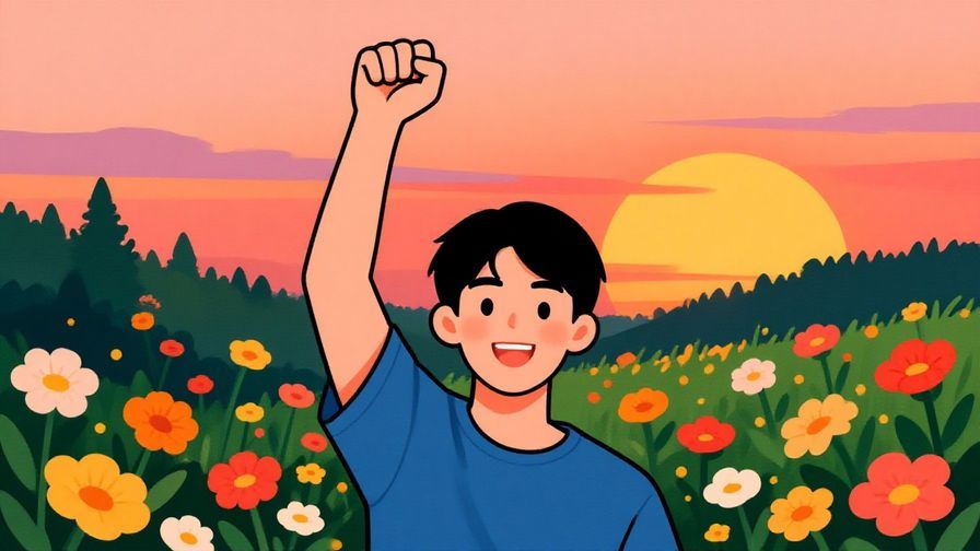 Illustration%20of%20a%20smiling%20young%20person%20raising%20a%20fist%20in%20encouragement%2C%20background%20of%20sunset%20and%20flowers%2C%20vibrant%20colors%2C%20illustrated%20style