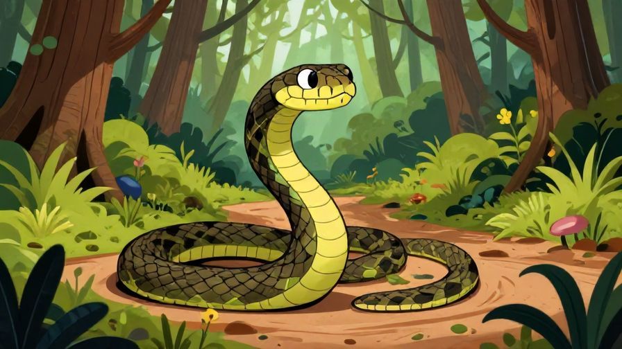 Illustration%20of%20a%20snake%20slithering%20through%20a%20forest%20path%20with%20a%20knowing%20expression%2C%20detailed%20forest%20background%2C%20vibrant%20colors%2C%20illustrated%20style