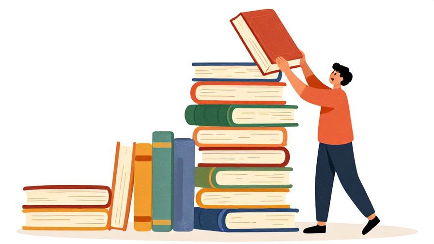 Illustration%20of%20a%20stack%20of%20books%20growing%20higher%20with%20a%20person%20adding%20another%20book%20joyfully%2C%20vibrant%20colors%2C%20illustrated%20style