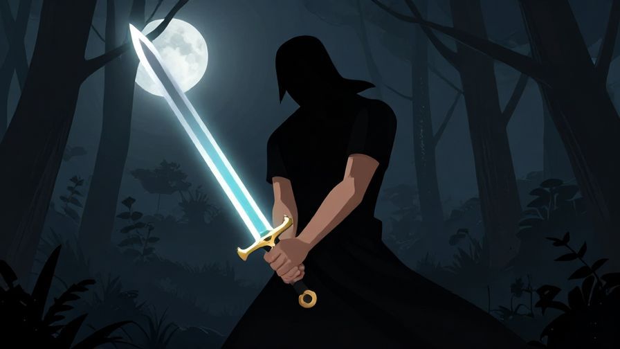 Illustration%20of%20a%20strong%20figure%20holding%20a%20glowing%20sword%20with%20a%20moonlit%20forest%20background%2C%20illustrated%20style