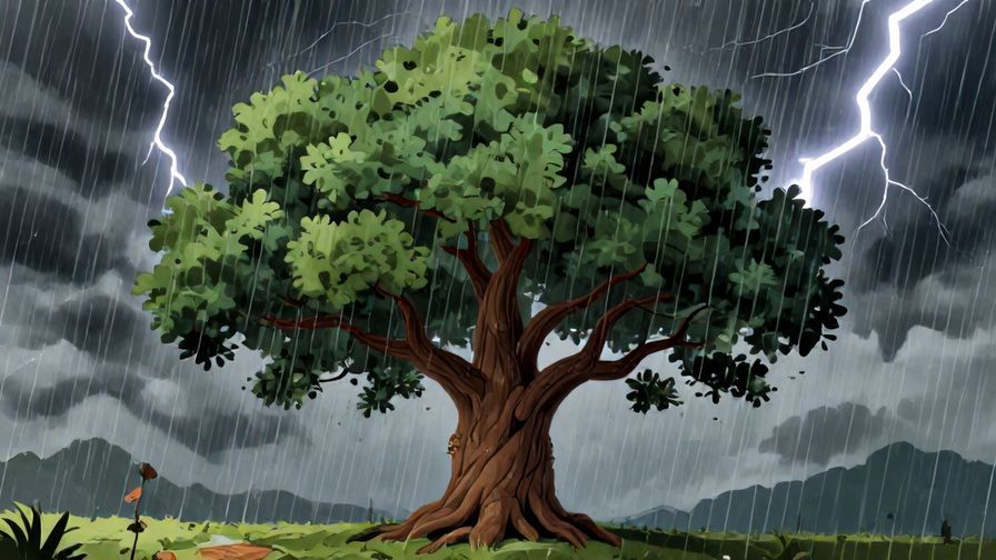 Illustration%20of%20a%20strong%20oak%20tree%20standing%20firm%20amidst%20a%20storm%20with%20lightning%20and%20rain%2C%20vibrant%20colors%2C%20illustrated%20style
