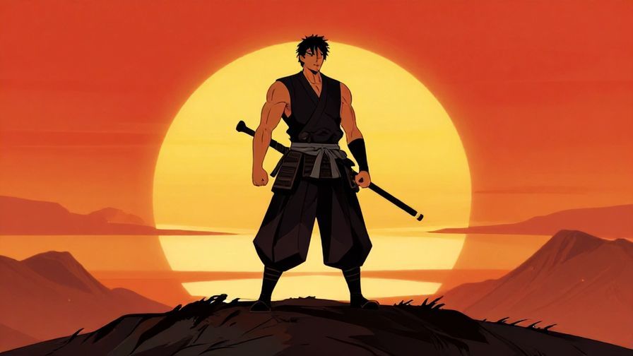 Illustration%20of%20a%20strong%20samurai%20standing%20on%20a%20hilltop%20with%20a%20fiery%20sunset%20background%2C%20vibrant%20colors%2C%20illustrated%20style