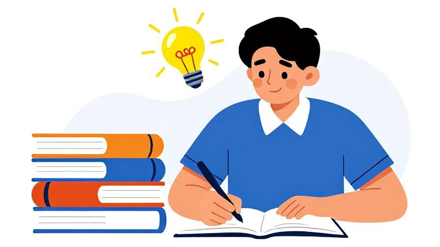 Illustration%20of%20a%20student%20writing%20notes%20with%20a%20smile%2C%20a%20stack%20of%20books%20beside%20them%2C%20with%20floating%20light%20bulbs%20symbolizing%20ideas%2C%20vibrant%20colors%2C%20illustrated%20style