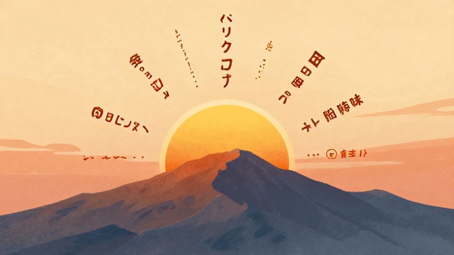 Illustration%20of%20a%20sun%20rising%20over%20a%20mountain%20with%20Japanese%20characters%20floating%20around%20representing%20vocabulary%2C%20warm%20colors%2C%20detailed%20background%2C%20illustrated%20style