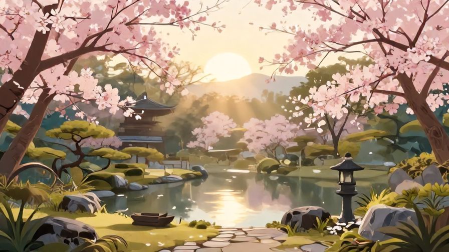 Illustration%20of%20a%20sunrise%20over%20a%20quiet%20Japanese%20garden%2C%20with%20soft%20light%20rays%20and%20cherry%20blossoms%20in%20bloom%2C%20detailed%20background%2C%20vibrant%20colors%2C%20illustrated%20style