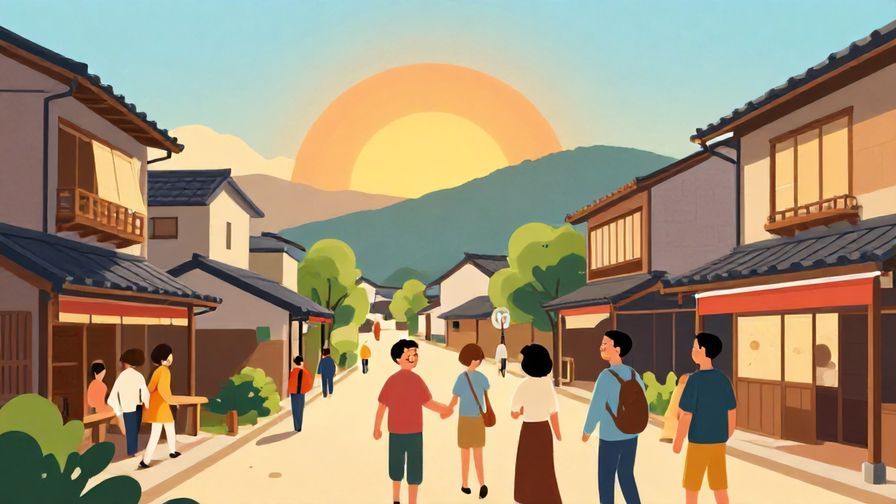Illustration%20of%20a%20sunrise%20over%20a%20traditional%20Japanese%20town%2C%20with%20people%20smiling%20and%20exchanging%20greetings%20in%20a%20friendly%20manner.%20Bright%20colors%2C%20illustrated%20style