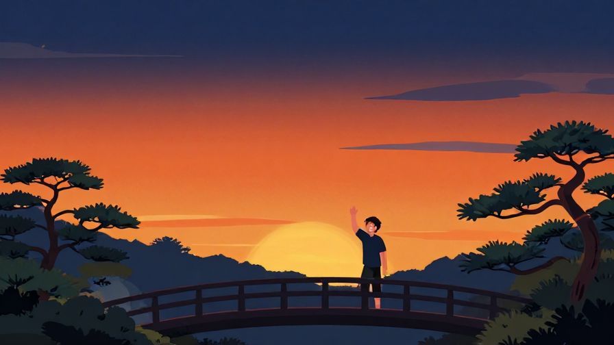 Illustration%20of%20a%20sunset%20sky%20with%20gradual%20color%20change%20from%20orange%20to%20navy%2C%20a%20person%20smiling%20and%20waving%20to%20another%20across%20a%20small%20bridge%20in%20a%20Japanese%20garden%2C%20stylized%20and%20vibrant%20colors