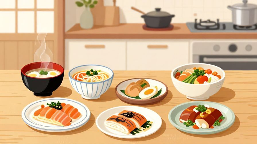 Illustration%20of%20a%20table%20set%20with%20various%20Japanese%20dishes%2C%20bright%20lighting%2C%20a%20warm%20and%20inviting%20kitchen%20background%2C%20illustrated%20style