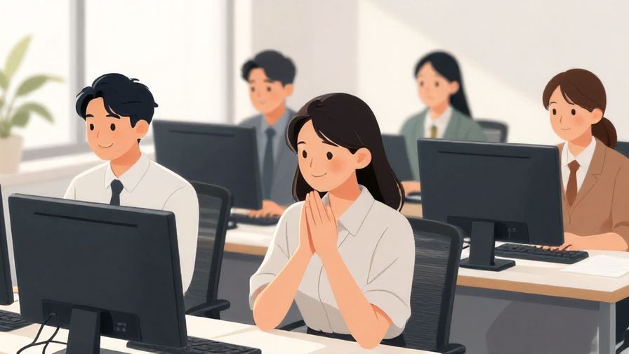 Illustration%20of%20a%20team%20of%20office%20workers%20smiling%20and%20relaxing%2C%20one%20person%20expressing%20gratitude%20with%20a%20gentle%20gesture.