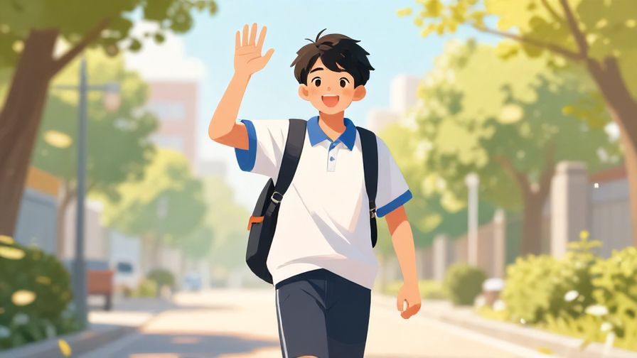 Illustration%20of%20a%20teenager%20waving%20and%20smiling%20brightly%20while%20walking%20to%20school%20in%20morning%20light.%20Vibrant%20colors%2C%20illustrated%20style