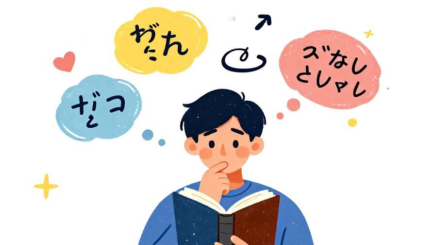 Illustration%20of%20a%20thoughtful%20person%20holding%20a%20book%2C%20with%20floating%20thought%20bubbles%20showing%20different%20Japanese%20phrases%20in%20an%20abstract%20style%2C%20vibrant%20colors%2C%20illustrated%20style