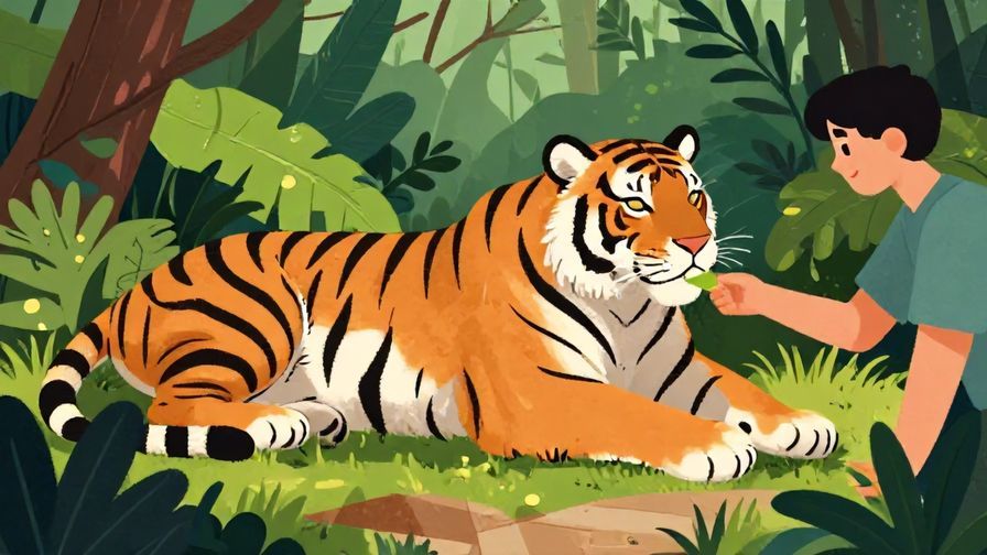 Illustration%20of%20a%20tiger%20relaxing%20calmly%20beside%20a%20person%20who%20is%20feeding%20it%2C%20lush%20forest%20background%2C%20vibrant%20colors%2C%20illustrated%20style