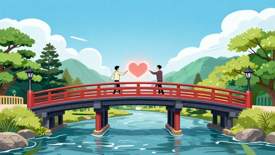 Illustration%20of%20a%20traditional%20Japanese%20bridge%20over%20a%20river%20with%20two%20people%20standing%20at%20each%20end%2C%20connected%20by%20a%20glowing%20heart%2C%20vibrant%20colors%2C%20illustrated%20style