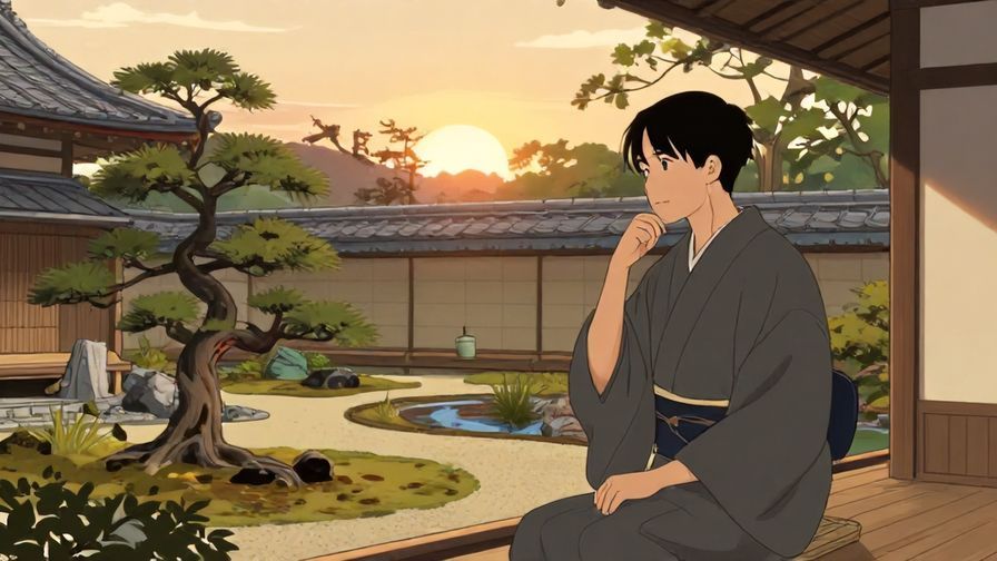 Illustration%20of%20a%20traditional%20Japanese%20garden%20with%20a%20person%20in%20kimono%20looking%20thoughtful%2C%20sunset%20lighting%2C%20illustrated%20style