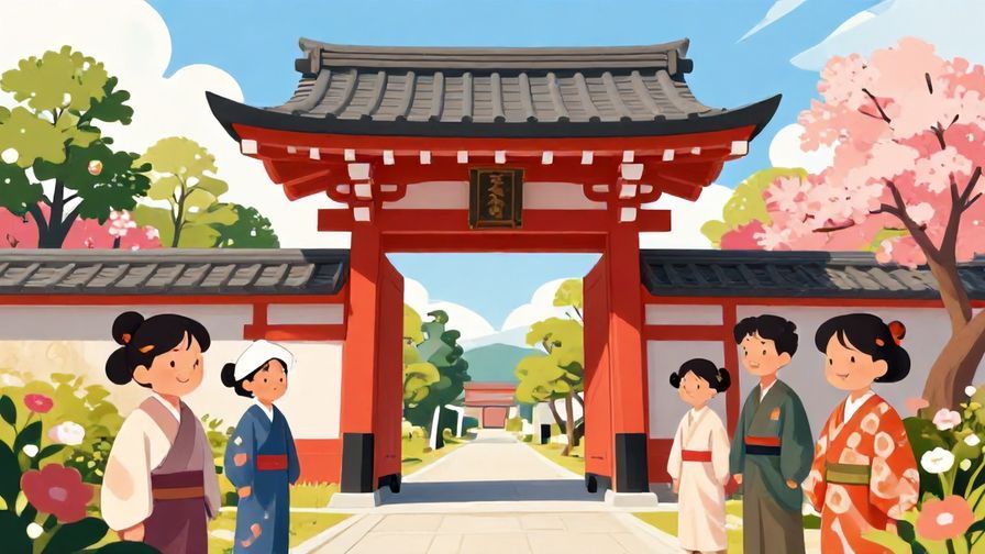 Illustration%20of%20a%20traditional%20Japanese%20gate%20with%20smiling%20people%20and%20flowers%20around%2C%20sunny%20day%2C%20vibrant%20colors%2C%20illustrated%20style