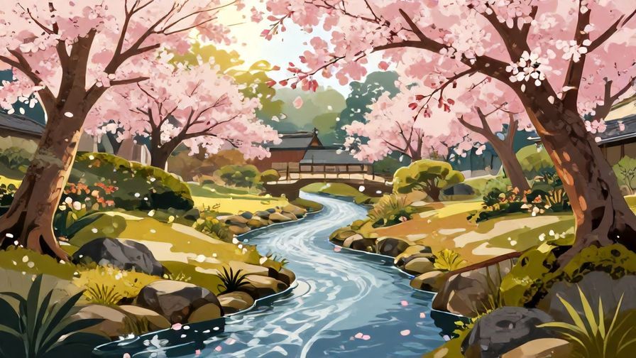 Illustration%20of%20a%20traditional%20Japanese%20garden%20with%20a%20gentle%20stream%20flowing%20and%20cherry%20blossoms%20floating%20down%20amidst%20sunlight%20filtering%20through%20trees%2C%20detailed%20background%2C%20vibrant%20colors%2C%20illustrated%20style