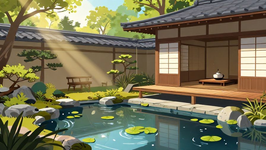 Illustration%20of%20a%20traditional%20Japanese%20teahouse%20garden%20with%20a%20calm%20pond%2C%20floating%20leaves%2C%20and%20soft%20sun%20rays%2C%20illustrated%20style%2C%20vibrant%20colors