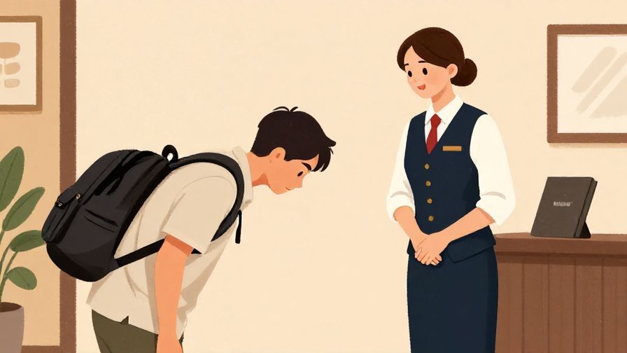 Illustration%20of%20a%20traveler%20bowing%20slightly%20to%20a%20hotel%20staff%2C%20asking%20permission%20politely%2C%20warm%20colors%2C%20illustrated%20style