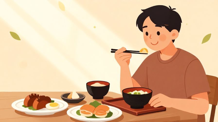 Illustration%20of%20a%20warm%20dining%20scene%20with%20a%20person%20smiling%20and%20savoring%20a%20dish%2C%20with%20stylized%20plates%20of%20Japanese%20food%20and%20a%20soft%20glowing%20background%20filled%20with%20light%20rays%20and%20floating%20leaves.