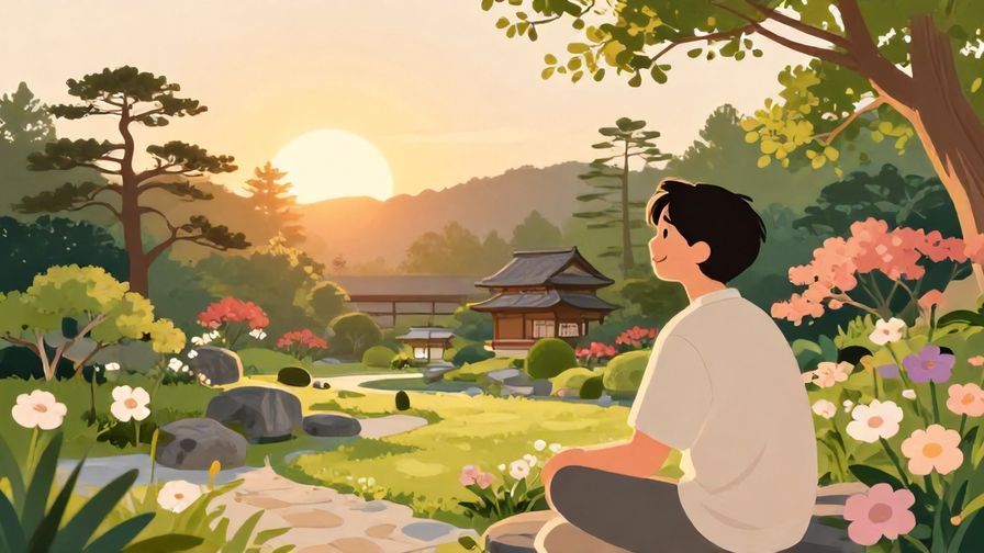 Illustration%20of%20a%20warm%20sunrise%20over%20a%20Japanese%20garden%2C%20with%20soft%20light%2C%20delicate%20flowers%2C%20and%20a%20smiling%20person%20enjoying%20the%20moment%2C%20vibrant%20colors%2C%20illustrated%20style