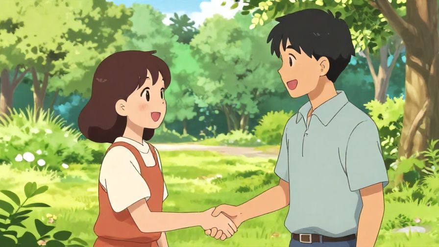 Illustration%20of%20a%20warm%2C%20friendly%20Japanese%20conversation%20scene%20with%20two%20people%20smiling%20and%20shaking%20hands%20in%20a%20vibrant%20park%20setting%2C%20detailed%20background%2C%20illustrated%20style%2C%20bright%20colors