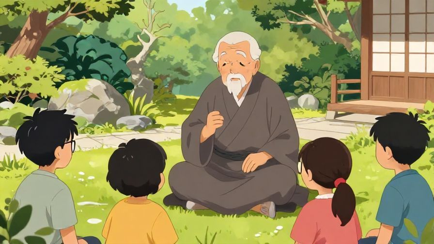 Illustration%20of%20a%20wise%20elderly%20person%20sharing%20stories%20with%20young%20listeners%2C%20a%20serene%20Japanese%20garden%20background%2C%20vibrant%20colors%2C%20illustrated%20style