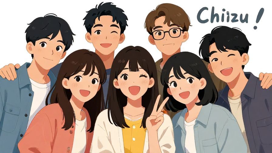 Illustration%20of%20a%20young%20group%20of%20friends%20posing%20for%20a%20photo%2C%20one%20saying%20%E2%80%9CChiizu%21%E2%80%9D%20with%20big%20smiles%2C%20bright%20colors%2C%20illustrated%20style