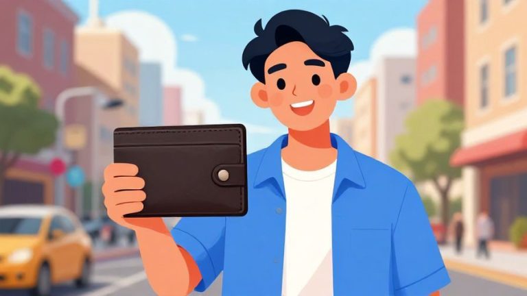 Illustration%20of%20a%20young%20man%20smiling%20and%20holding%20out%20a%20wallet%20confidently%2C%20bright%20urban%20setting%2C%20vibrant%20colors%2C%20illustrated%20style