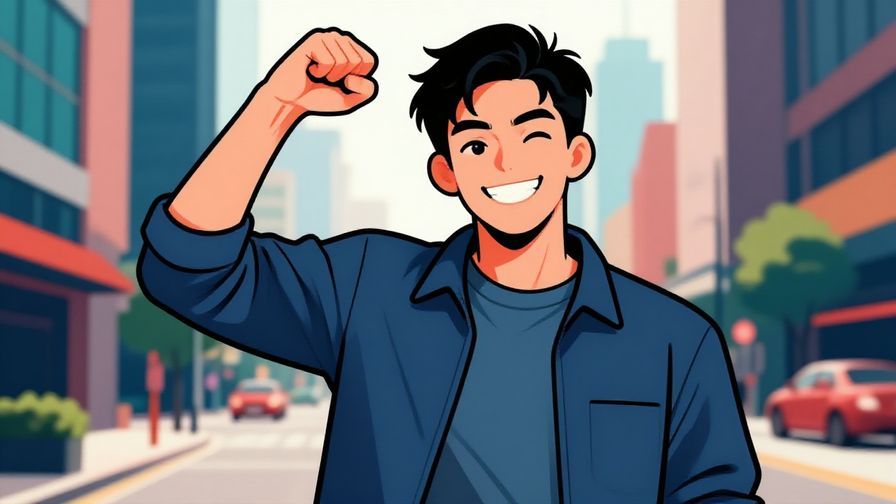 Illustration%20of%20a%20young%20man%20with%20a%20cocky%20smile%20and%20fist%20pumped%20up%2C%20urban%20background%2C%20vibrant%20colors%2C%20illustrated%20style
