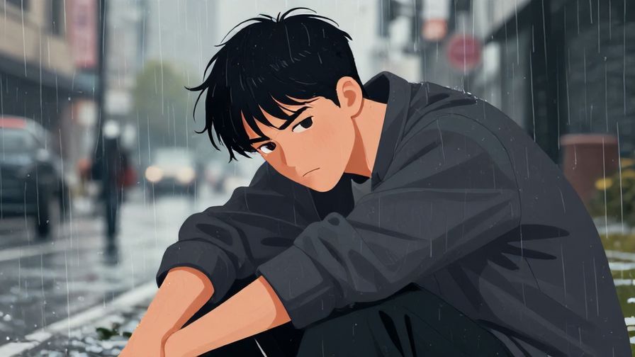 Illustration%20of%20a%20young%20man%20with%20slouched%20posture%20and%20a%20deep%20frown%2C%20rainy%20street%20background%2C%20illustrated%20style