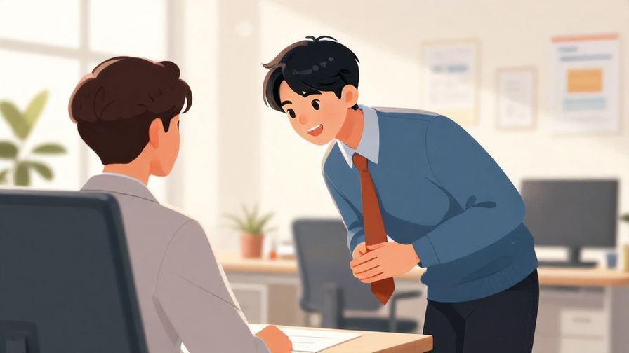 Illustration%20of%20a%20young%20office%20worker%20politely%20bowing%20while%20greeting%20a%20coworker%20in%20a%20bright%20office%20setting.%20Detailed%20background%2C%20vibrant%20colors%2C%20illustrated%20style