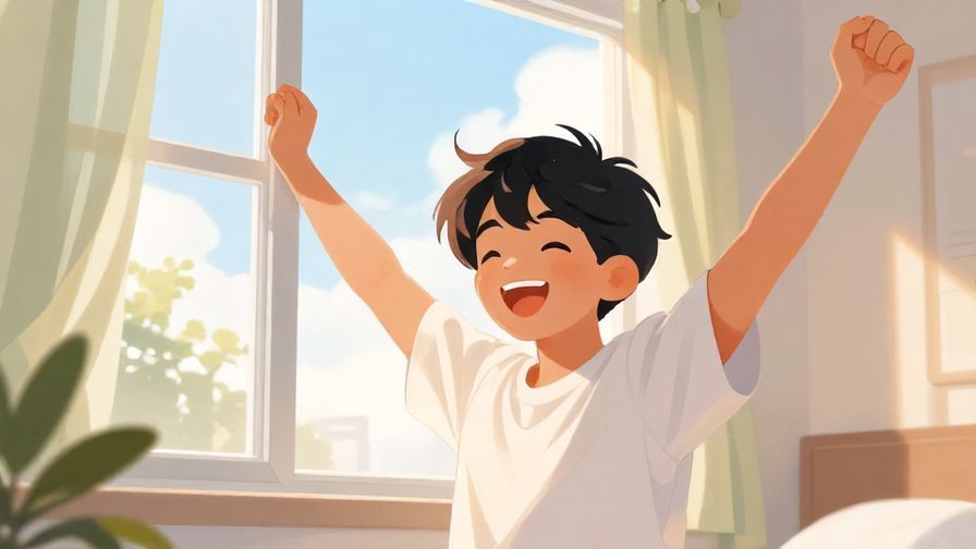 Illustration%20of%20a%20young%20person%20cheerfully%20waking%20up%20and%20stretching%20by%20a%20window%20with%20morning%20sunlight%20streaming%20in.%20Bright%20and%20vibrant%20colors%2C%20illustrated%20style