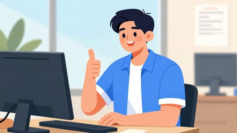 Illustration%20of%20a%20young%20person%20giving%20a%20thumbs-up%20with%20a%20friendly%20smile%2C%20outdoor%20office%20setting%2C%20vibrant%20colors%2C%20illustrated%20style