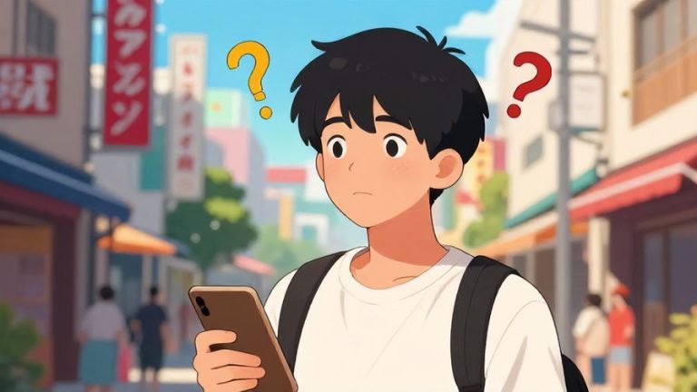 Illustration%20of%20a%20young%20person%20holding%20an%20object%20and%20looking%20curious%2C%20question%20marks%20hovering%20above%20their%20head%2C%20stylized%20Japanese%20street%20background%2C%20vibrant%20colors%2C%20illustrated%20style