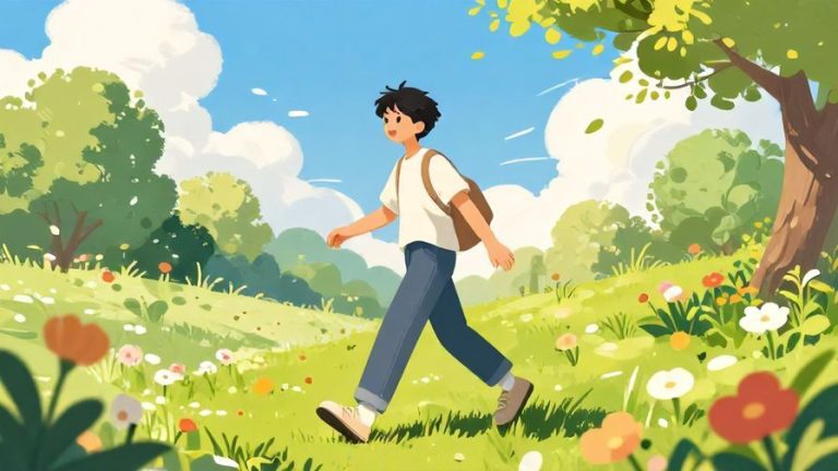 Illustration%20of%20a%20young%20person%20joyfully%20walking%20through%20a%20sunny%20park%20with%20flowers%20blooming%20and%20a%20bright%20blue%20sky%20above%2C%20detailed%20background%2C%20vibrant%20colors%2C%20illustrated%20style