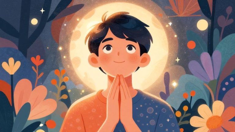 Illustration%20of%20a%20young%20person%20looking%20up%20with%20hands%20together%20in%20prayer%2C%20soft%20glowing%20light%20around%20the%20head%2C%20detailed%20background%2C%20vibrant%20colors%2C%20illustrated%20style