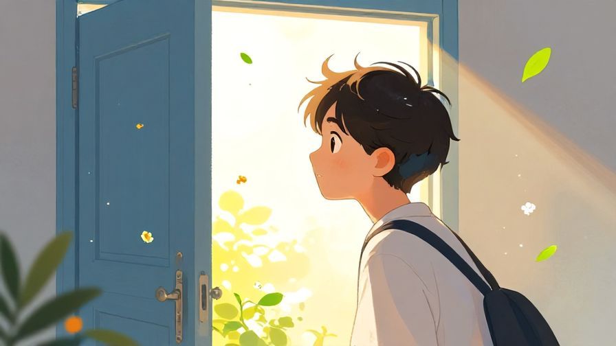 Illustration%20of%20a%20young%20person%20looking%20curious%20at%20a%20door%20just%20opening%20to%20bright%20sunlight%20with%20delicate%20flowers%20and%20floating%20leaves%20around%20them%2C%20vibrant%20colors%2C%20illustrated%20style