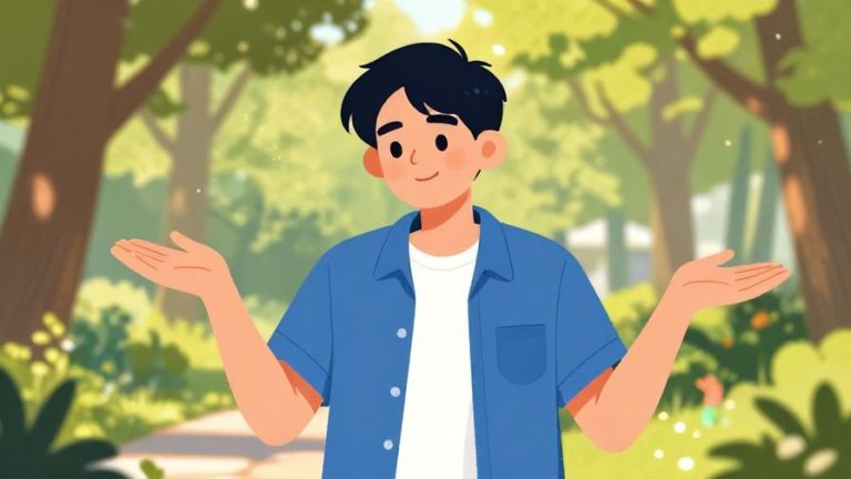 Illustration%20of%20a%20young%20person%20shrugging%20with%20a%20smile%2C%20breezy%20park%20background%2C%20sunlight%20filtering%20through%20trees%2C%20vibrant%20colors%2C%20illustrated%20style